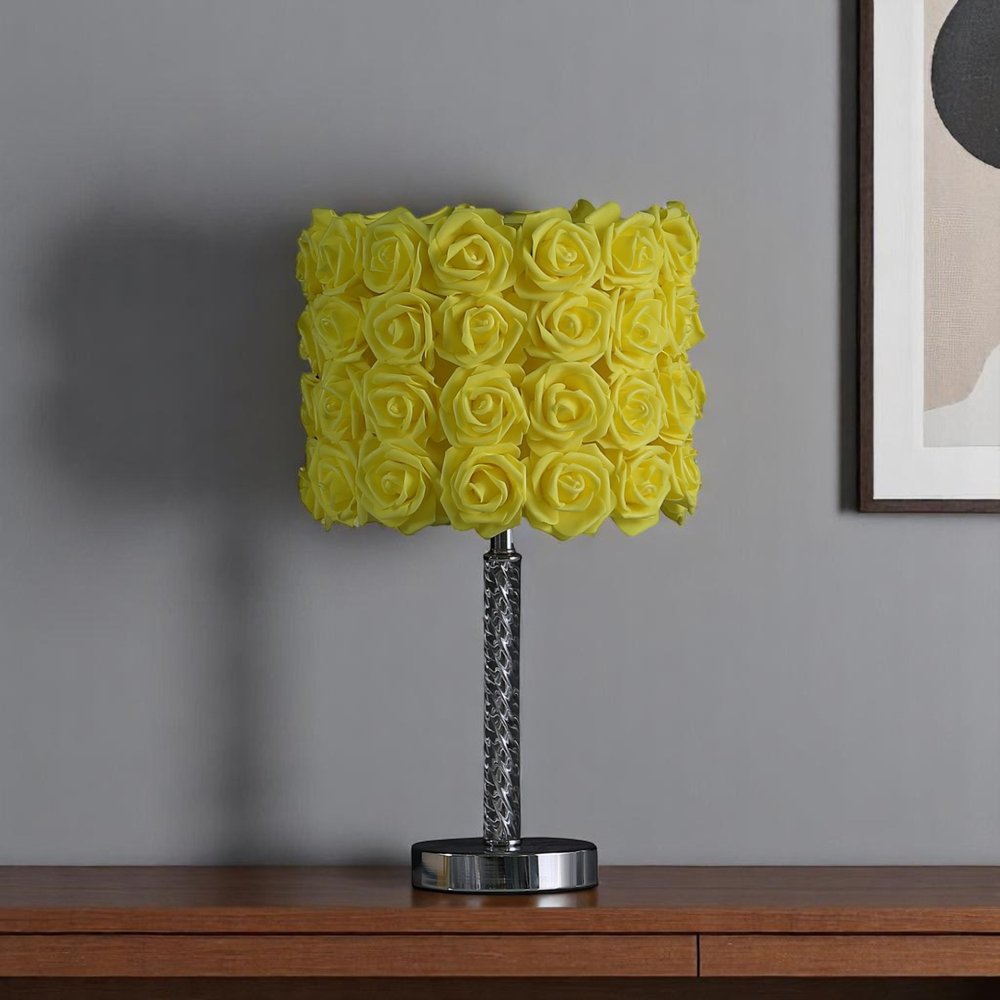 18” Pink Roses Acrylic And Metal Table Lamp