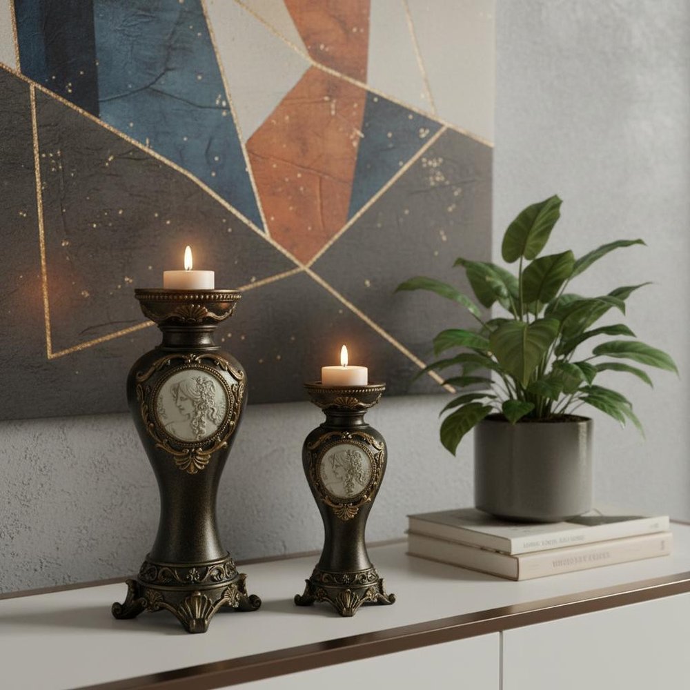 Set Of Two Bronze Greek Cameo Pillar Candle Holders
