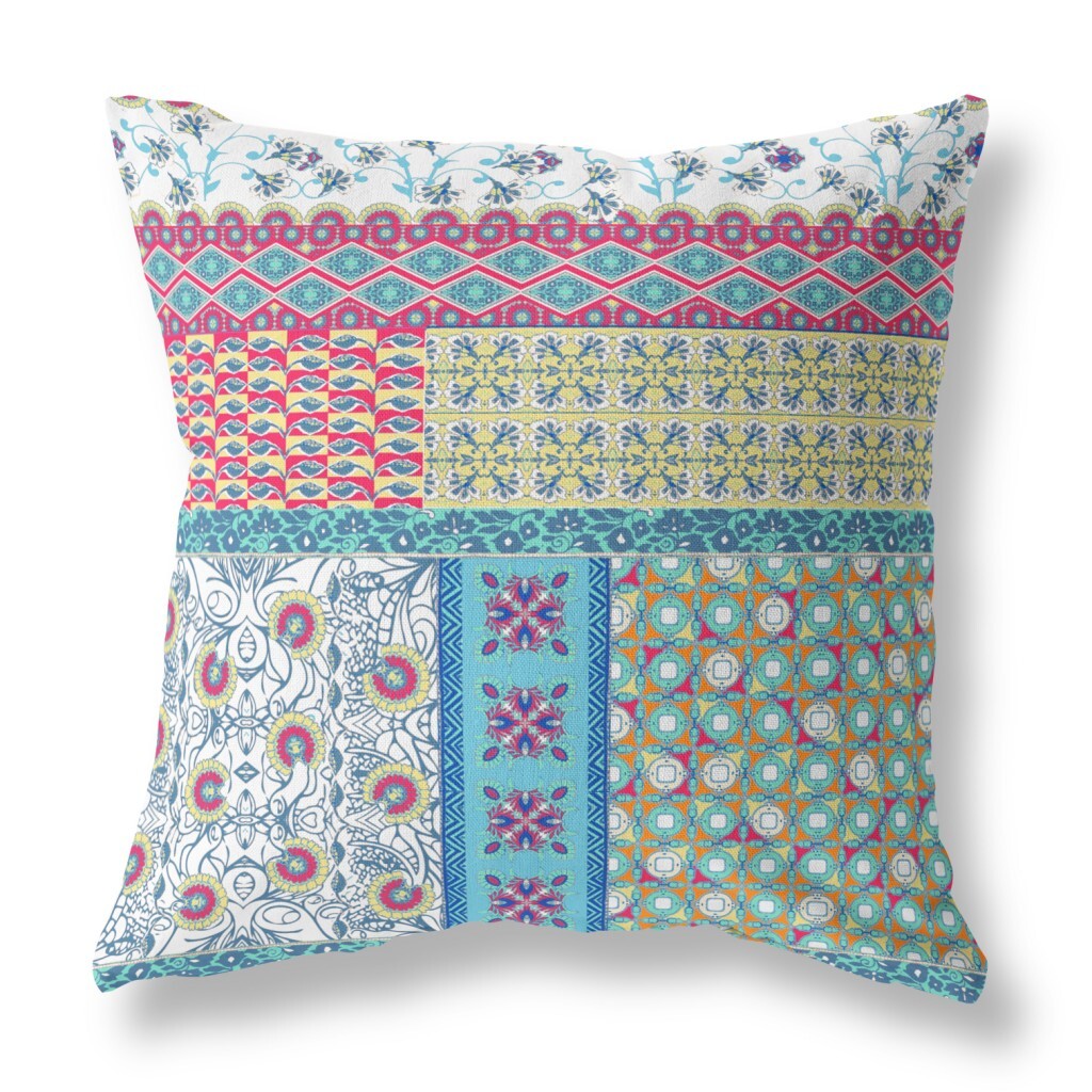 20" X 20" Yellow Zippered Patchwork Indoor Outdoor Throw Pillow Cover & Insert