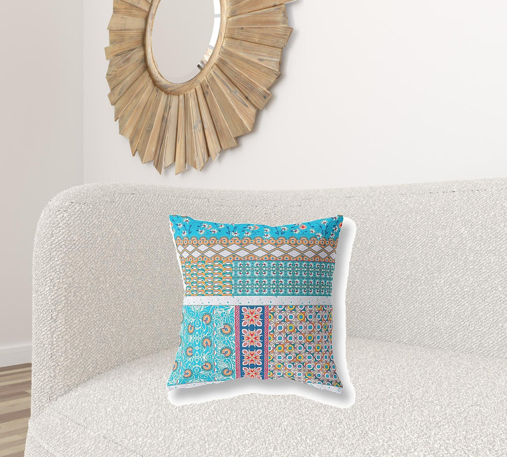20" X 20" Turquoise Zippered Patchwork Indoor Outdoor Throw Pillow Cover & Insert