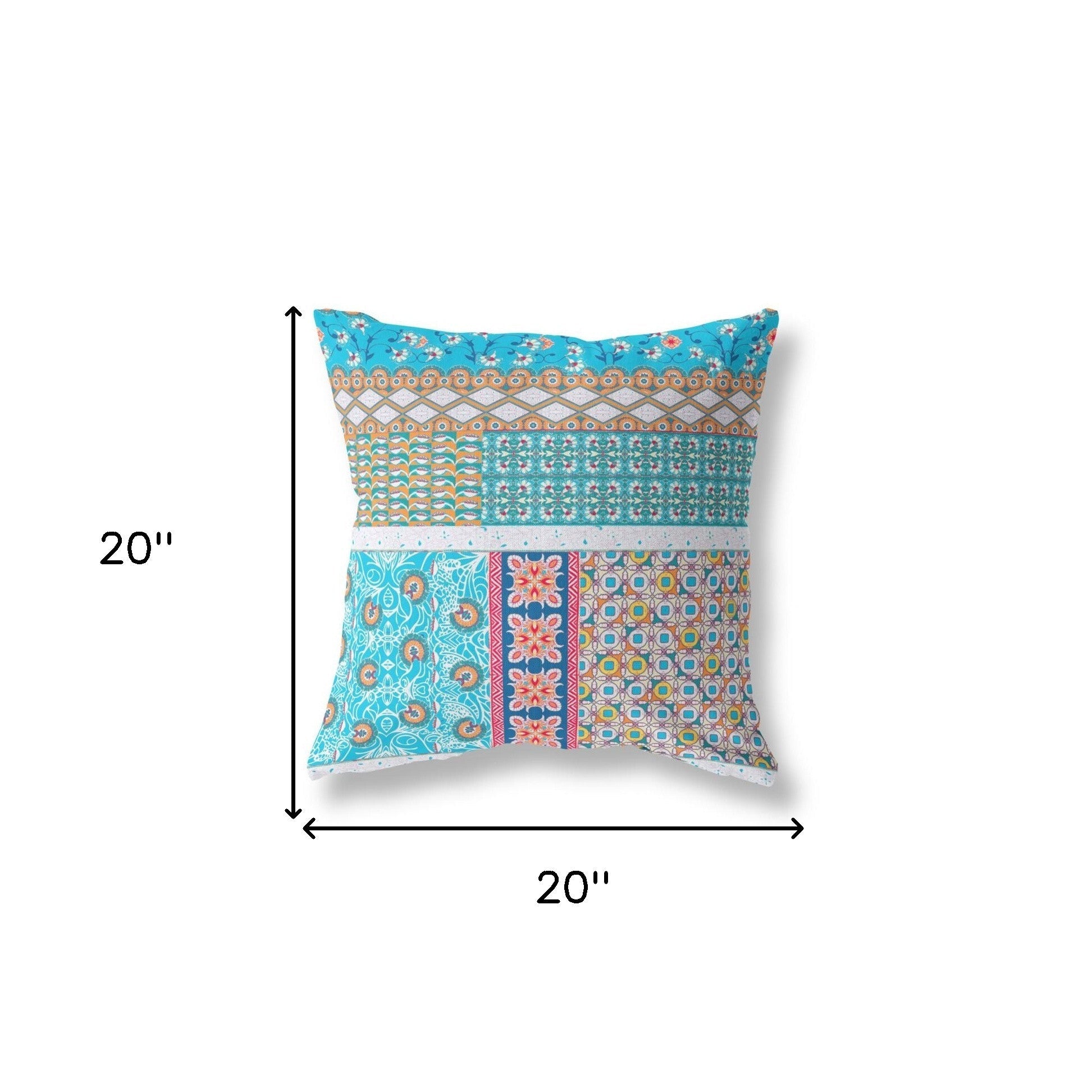 20" X 20" Turquoise Zippered Patchwork Indoor Outdoor Throw Pillow Cover & Insert