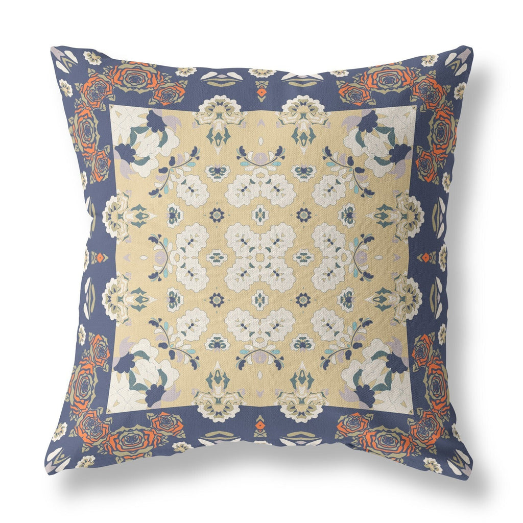20" X 20" Blue Yellow Broadcloth Floral Throw Pillow