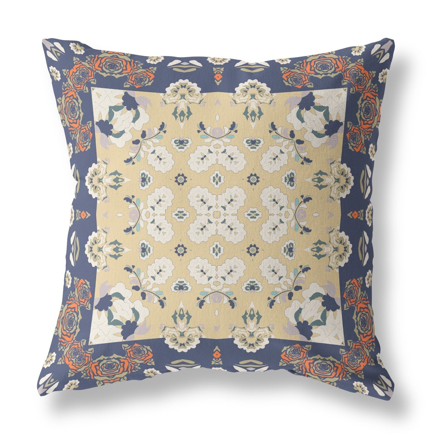 20" X 20" Blue Yellow Broadcloth Floral Throw Pillow