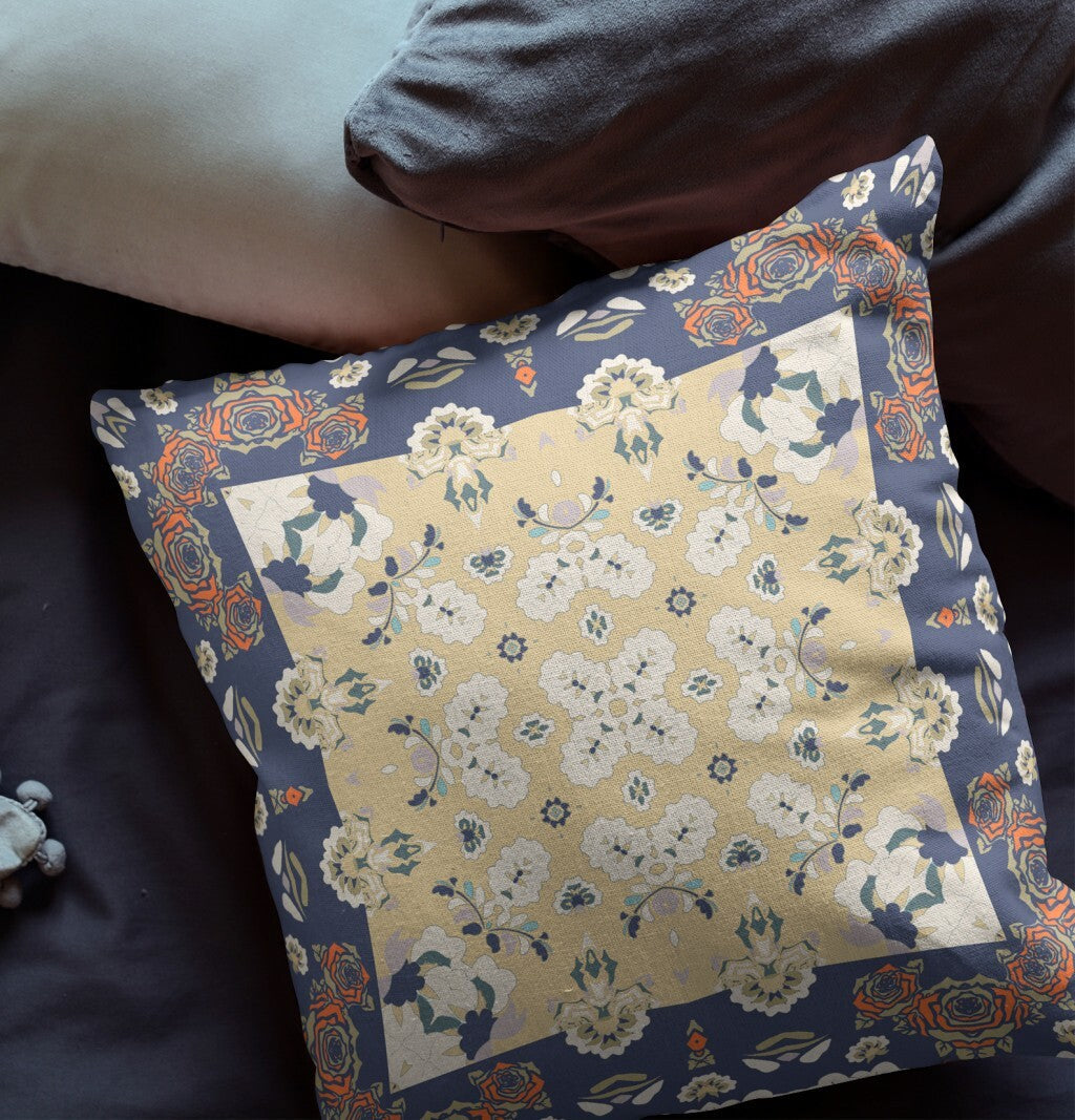 20" X 20" Blue Yellow Broadcloth Floral Throw Pillow
