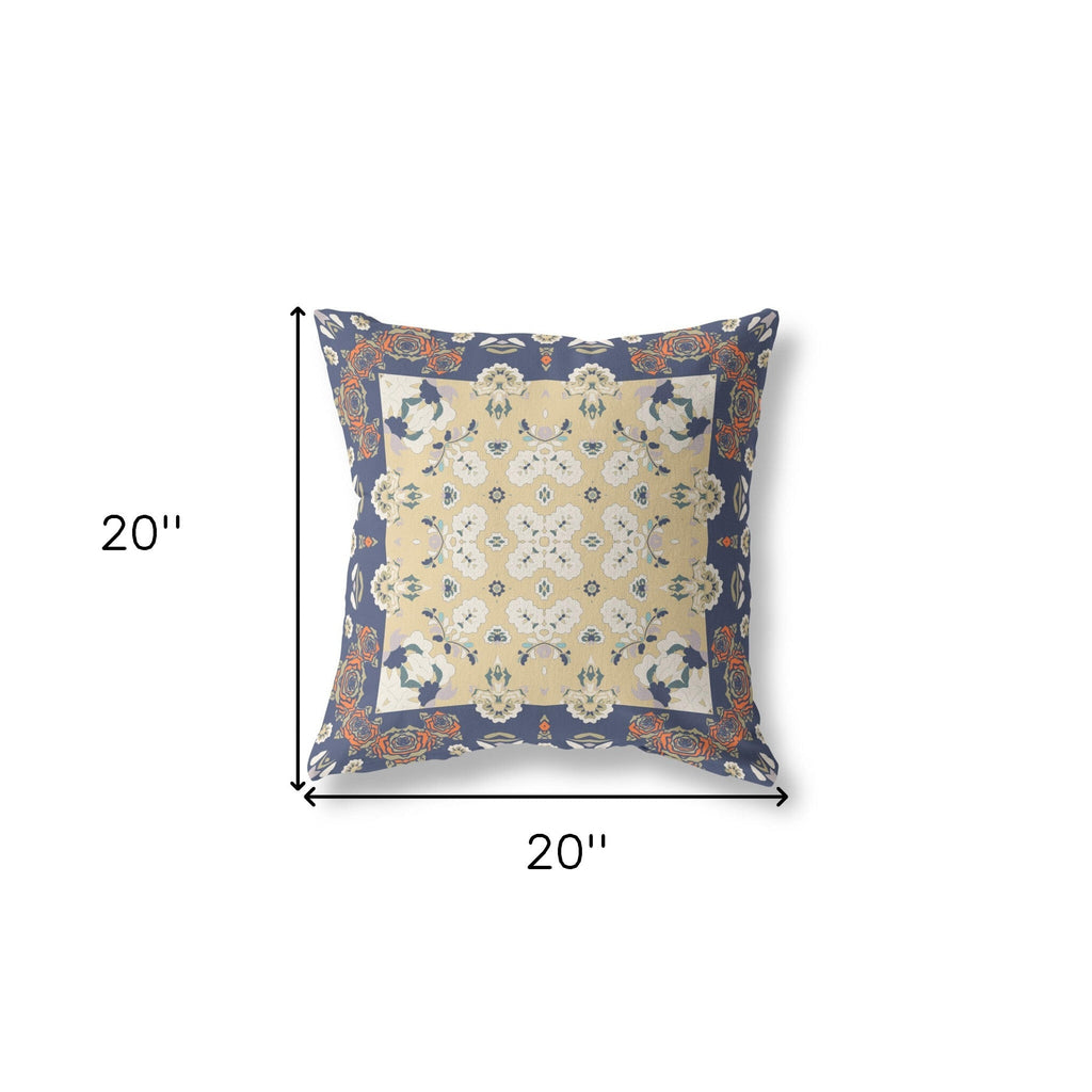 20" X 20" Blue Yellow Broadcloth Floral Throw Pillow