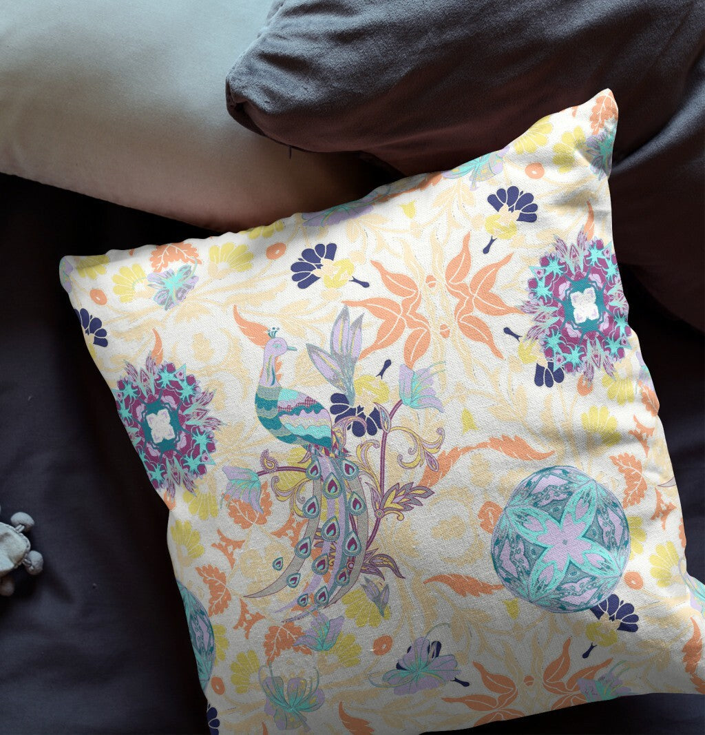 20" X 20" Off White And Orange Broadcloth Floral Throw Pillow