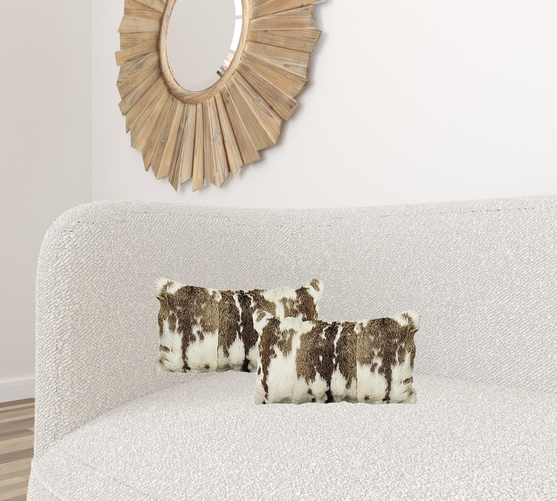 Set of Two 12" X 20" Brown and White Rabbit Natural Fur Throw Pillow