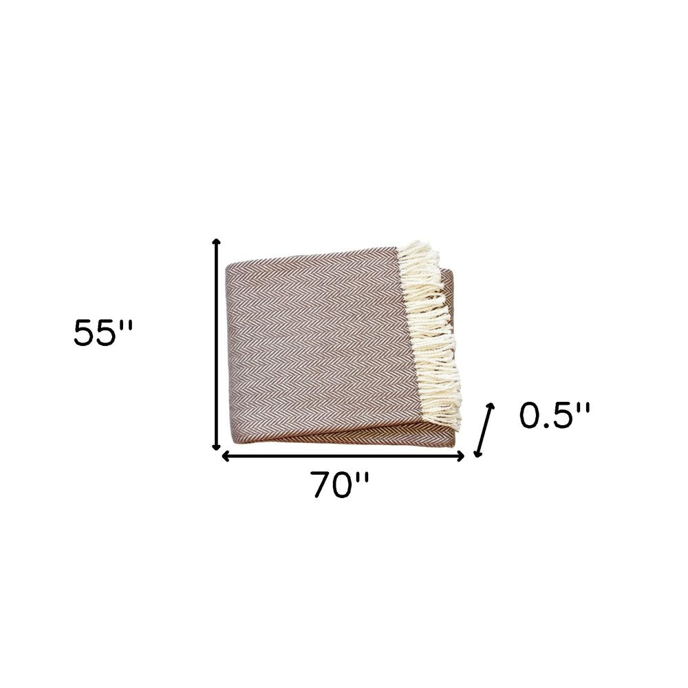 70" X 55" Copper And White Cotton Blend Woven Herringbone Plush Throw Blanket with Tassels
