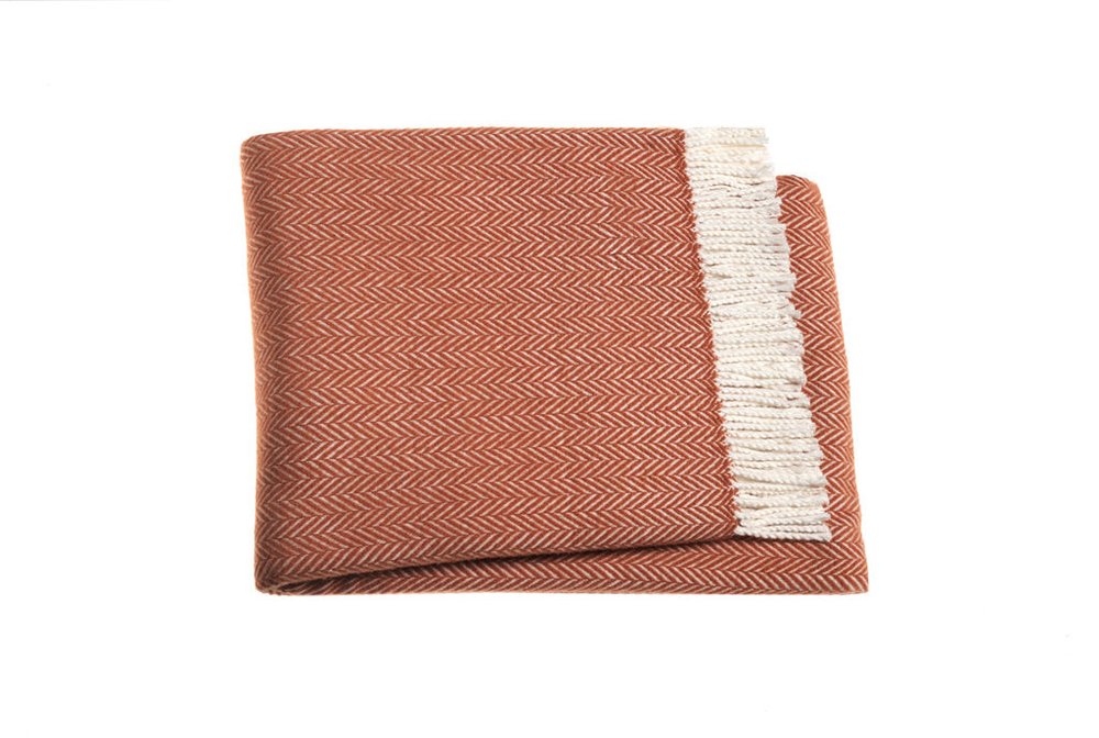 70" X 55" Copper And White Cotton Blend Woven Herringbone Plush Throw Blanket with Tassels