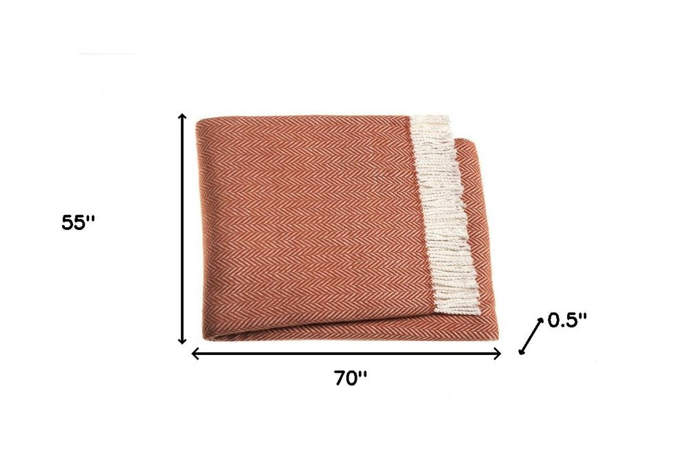 70" X 55" Copper And White Cotton Blend Woven Herringbone Plush Throw Blanket with Tassels