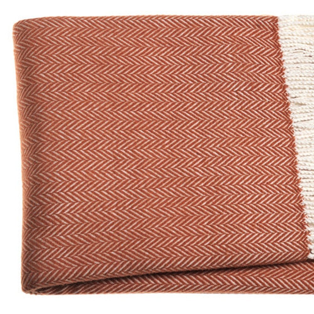 70" X 55" Copper And White Cotton Blend Woven Herringbone Plush Throw Blanket with Tassels