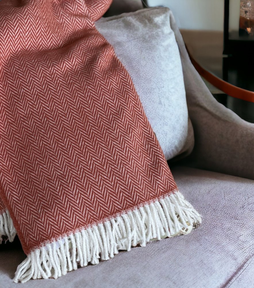 70" X 55" Copper And White Cotton Blend Woven Herringbone Plush Throw Blanket with Tassels