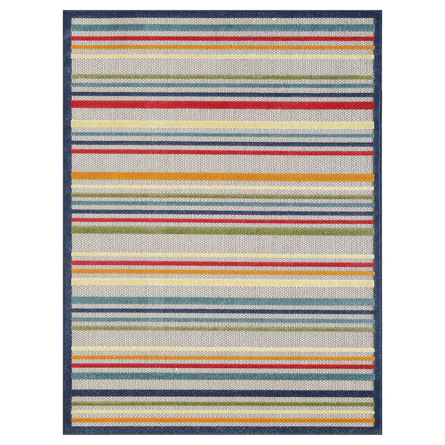 7' X 9' Ivory And Blue Striped Stain Resistant Indoor Outdoor Area Rug