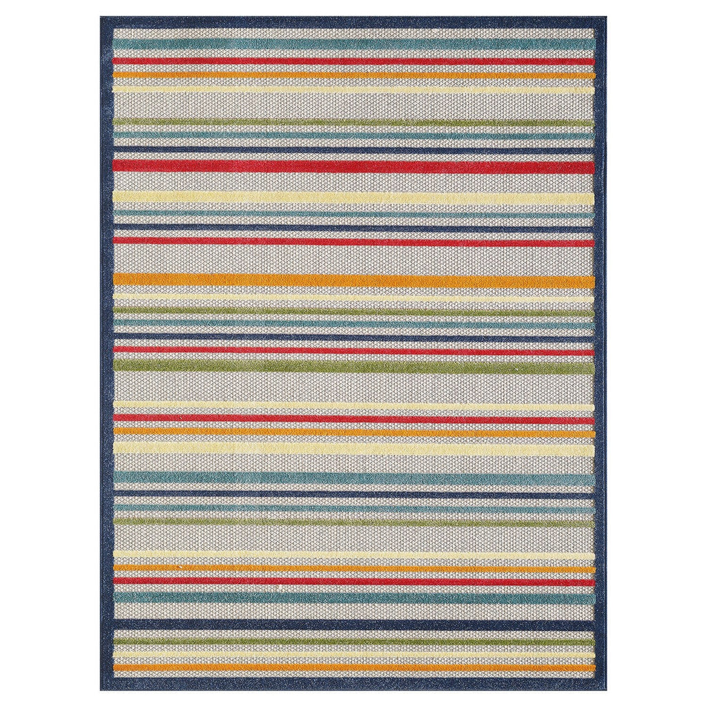 7' X 9' Ivory And Blue Striped Stain Resistant Indoor Outdoor Area Rug