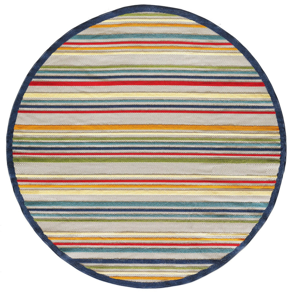 7' X 9' Ivory And Blue Striped Stain Resistant Indoor Outdoor Area Rug