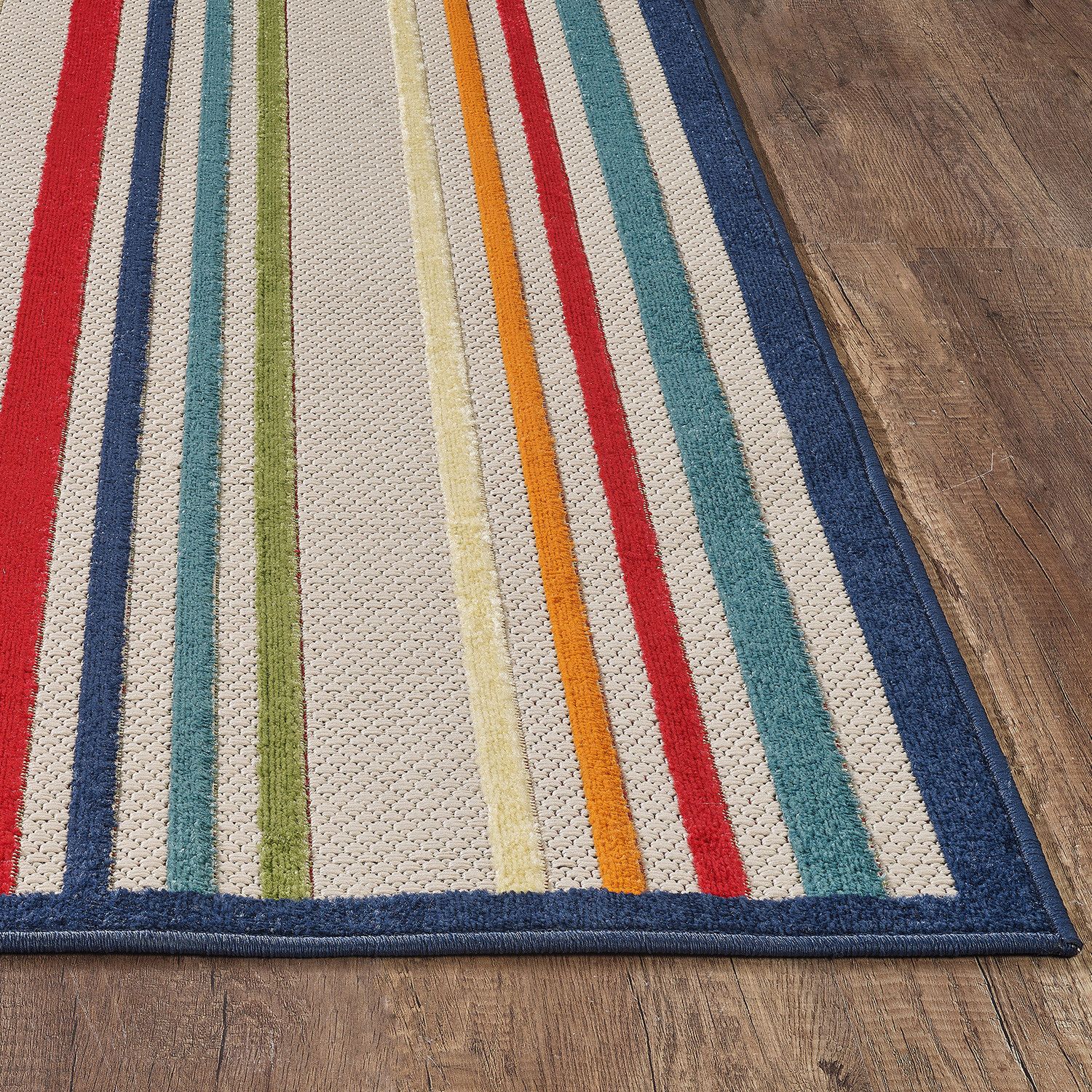 7' X 9' Ivory And Blue Striped Stain Resistant Indoor Outdoor Area Rug