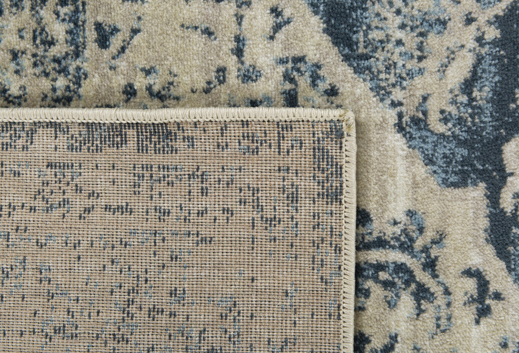8' Ivory and Blue Oriental Distressed Round Rug