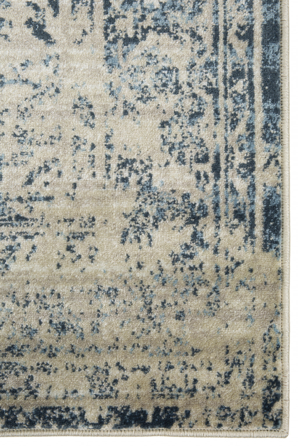 8' Ivory and Blue Oriental Distressed Round Rug