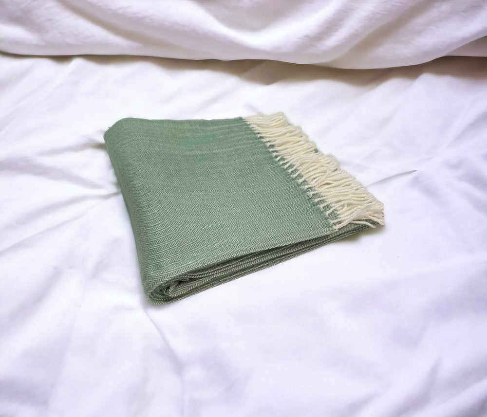 50" X 60" Green And Ivory Woven Herringbone Plush Throw Blanket with Tassels