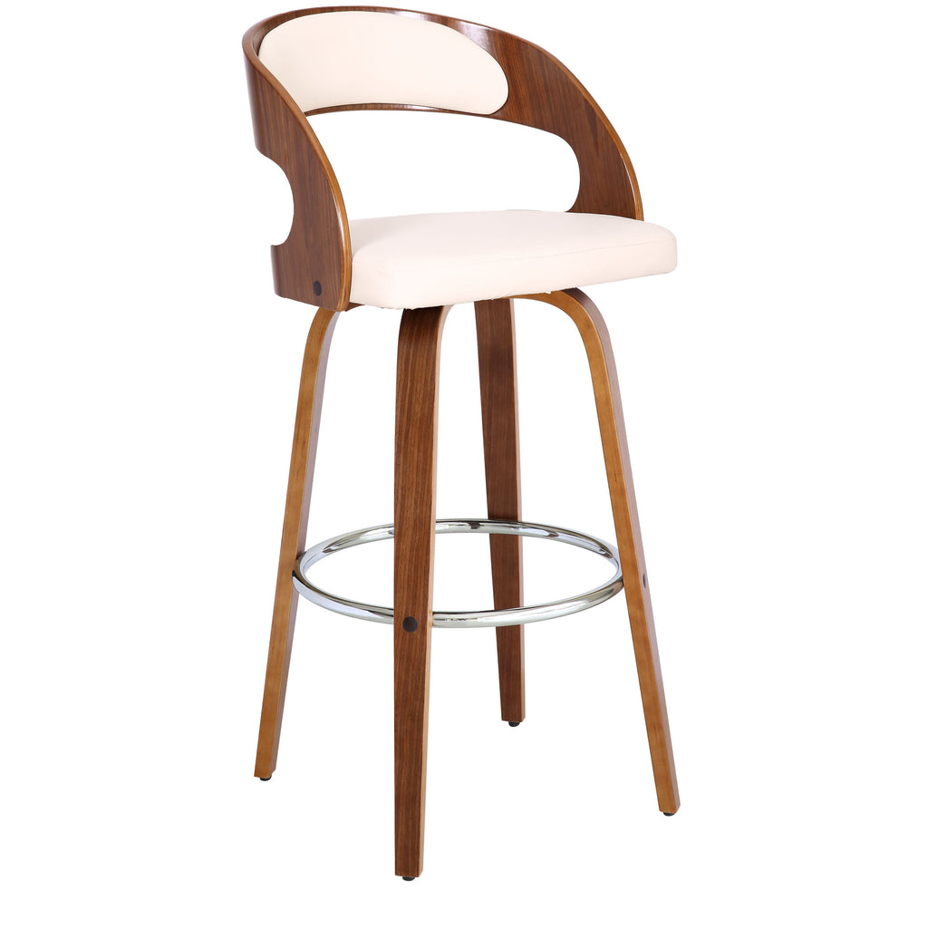 30" Cream and Brown Fabric and Iron Low Back Bar Height Swivel Bar Chair