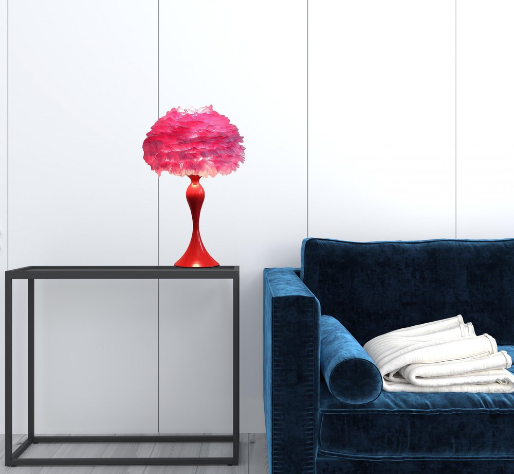24" Glam Pink Faux Feather and White Metal Table Lamp