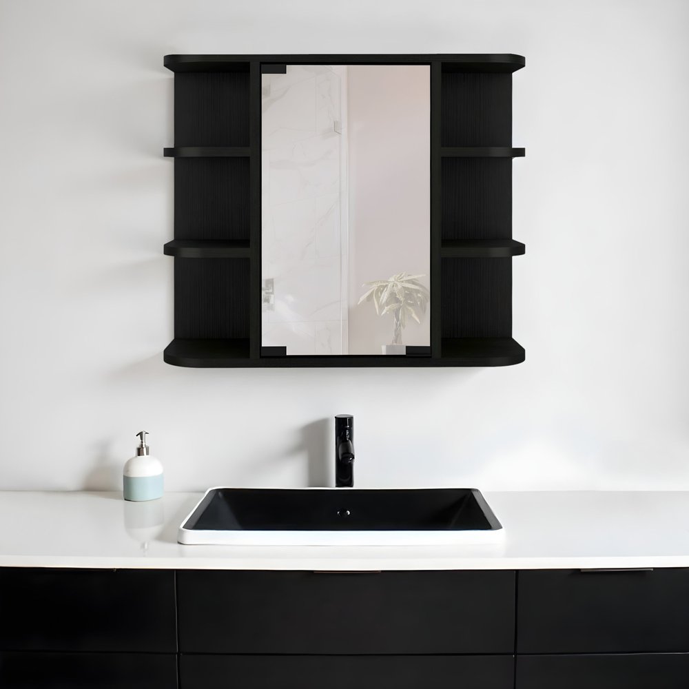 24" Black Wood Floating Double Door Bathroom Vanity And Medicine Cabinet With Mirror