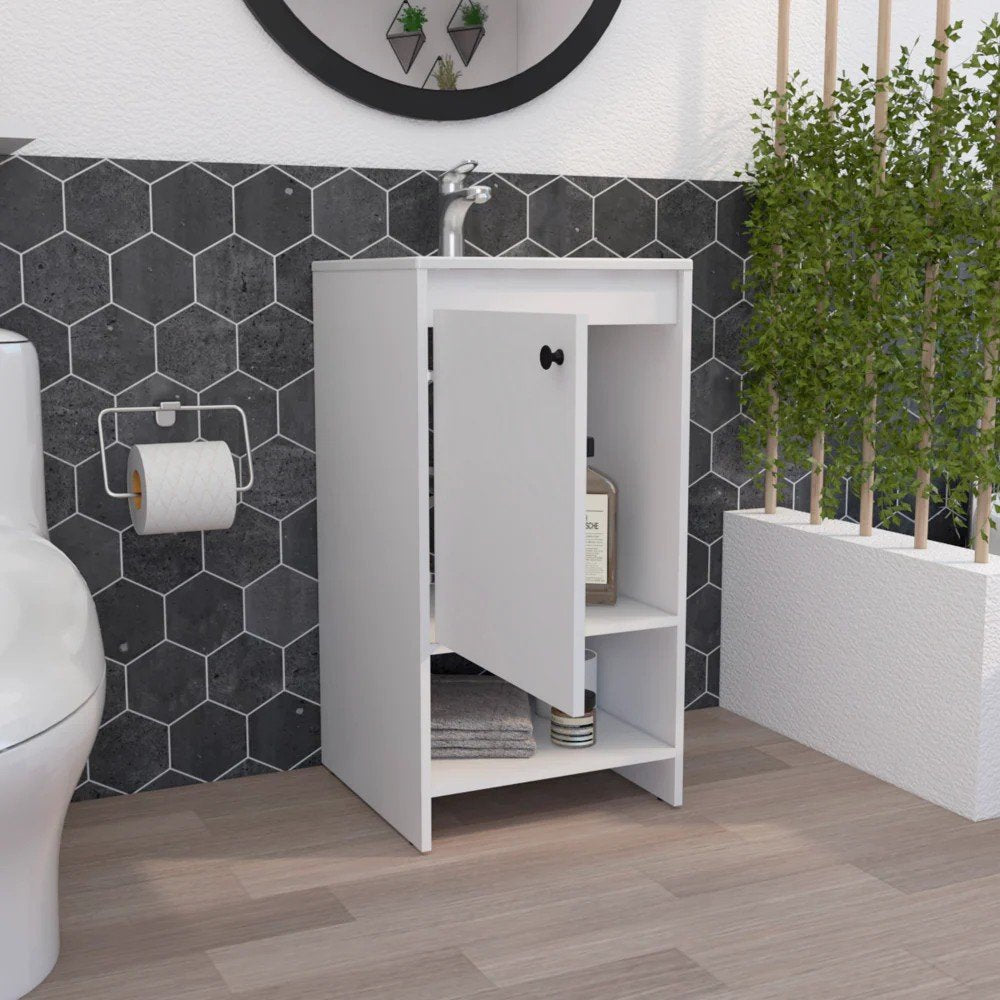 18" White Wood Freestanding Single Door Bathroom Vanity With Sink