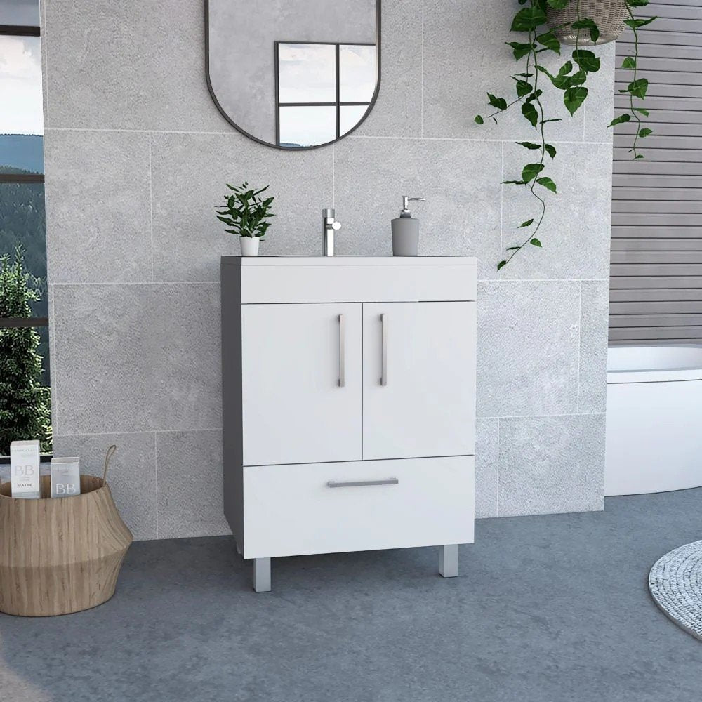 24" White Wood Freestanding Double Door Bathroom Vanity With Sink