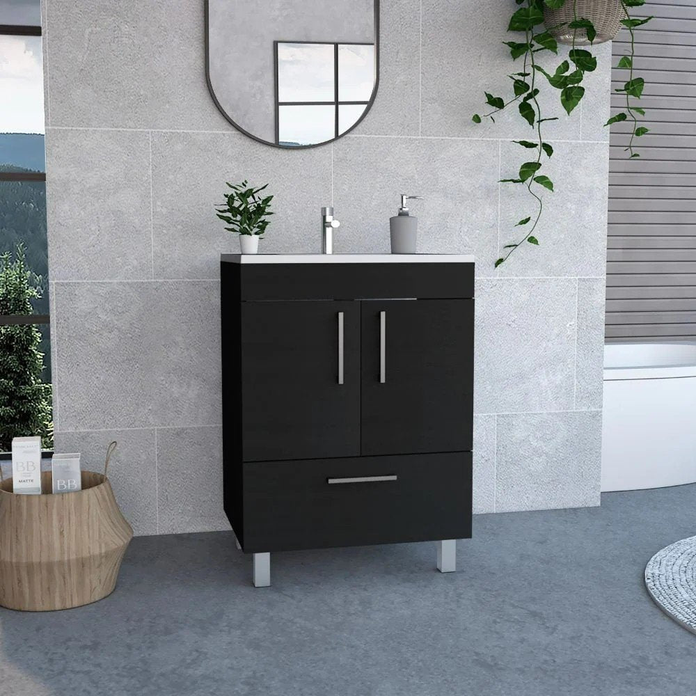 24" Black Wood Freestanding Bathroom Vanity With White Sink