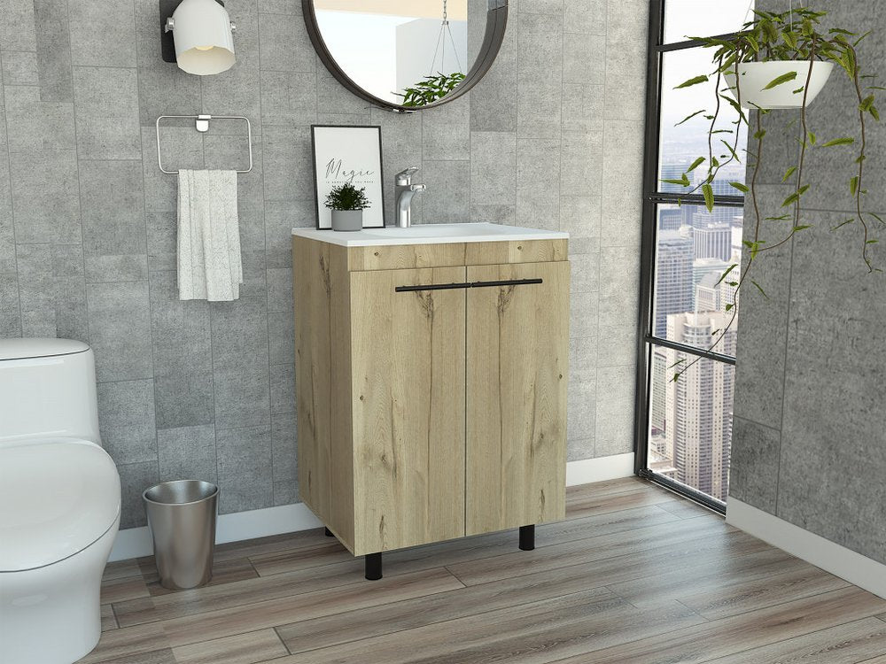 24" Oak Wood Freestanding Double Door Bathroom Vanity With White Sink