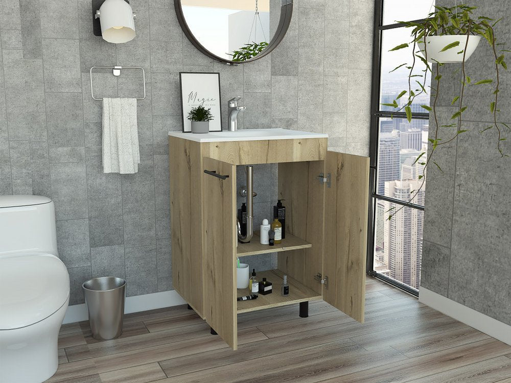 24" Oak Wood Freestanding Double Door Bathroom Vanity With White Sink