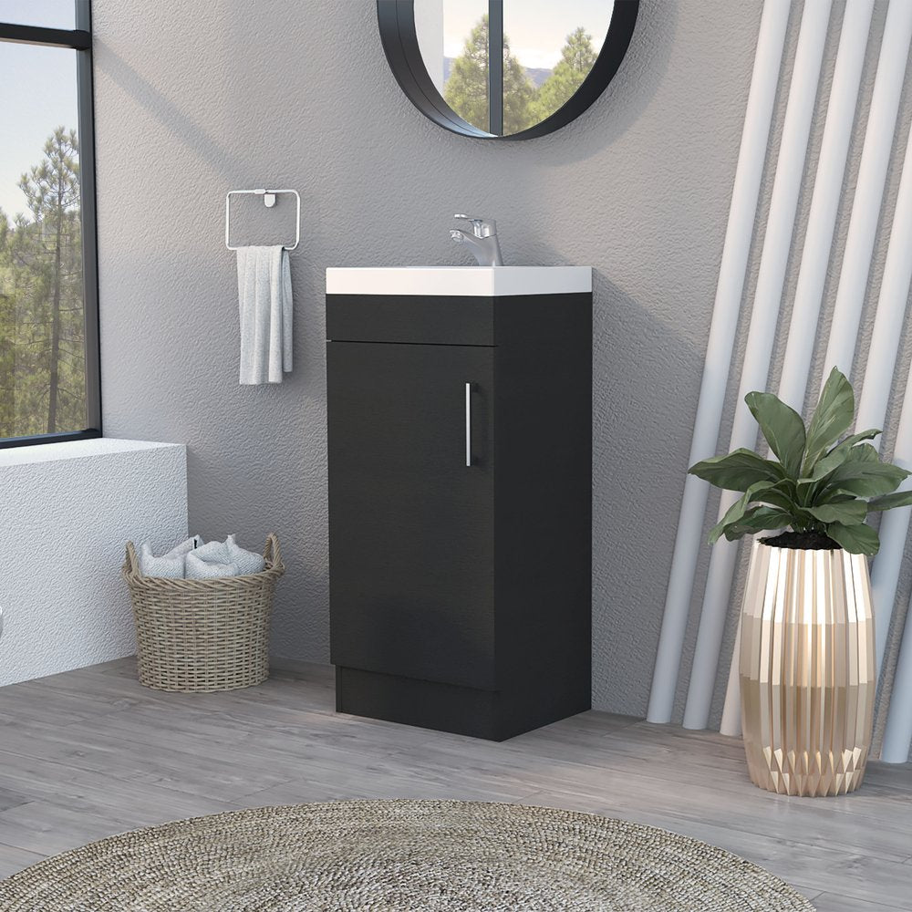 16" Black Wood Freestanding Single Door Bathroom Vanity With White Sink