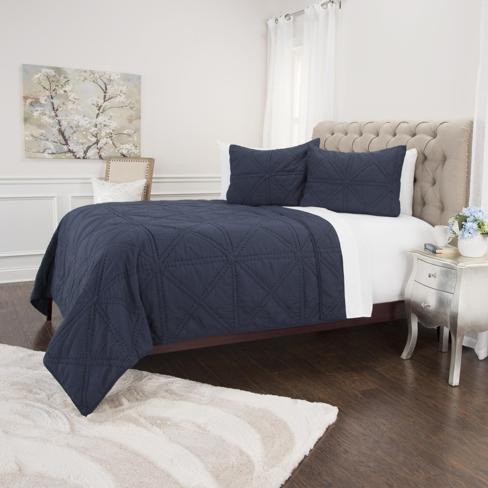 Set of Three Indigo Geometric King Quilt