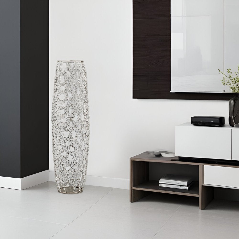47" Silver Oval Crystal Glass Floor Vase With Faux Crystals
