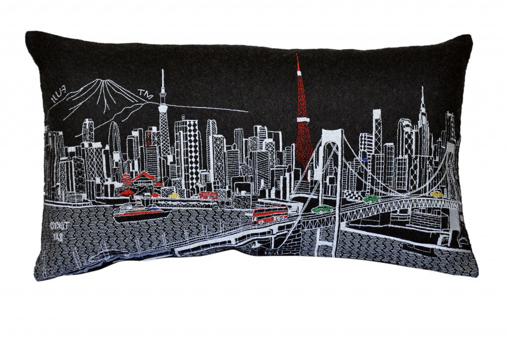 14" X 24" Black Gray and White Hometown Pride Wool Lumbar Throw Pillow