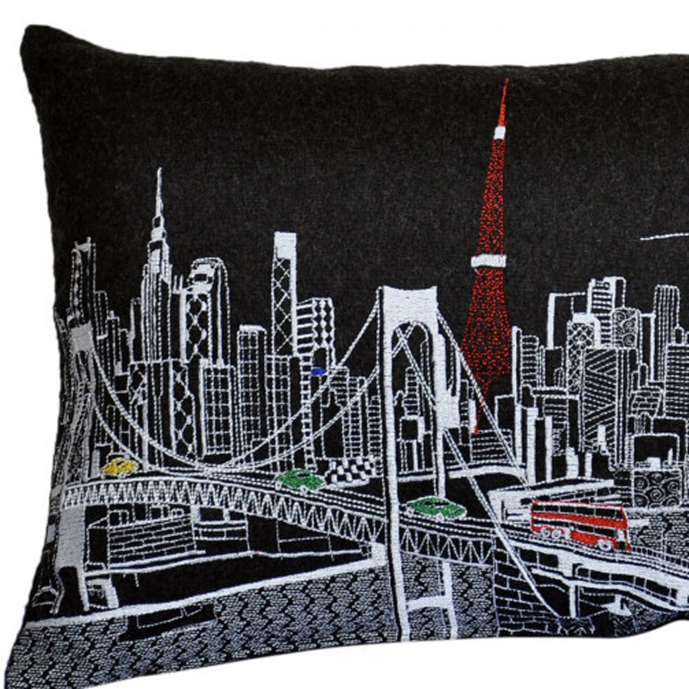 14" X 24" Black Gray and White Hometown Pride Wool Lumbar Throw Pillow