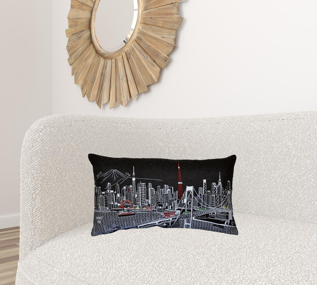 14" X 24" Black Gray and White Hometown Pride Wool Lumbar Throw Pillow