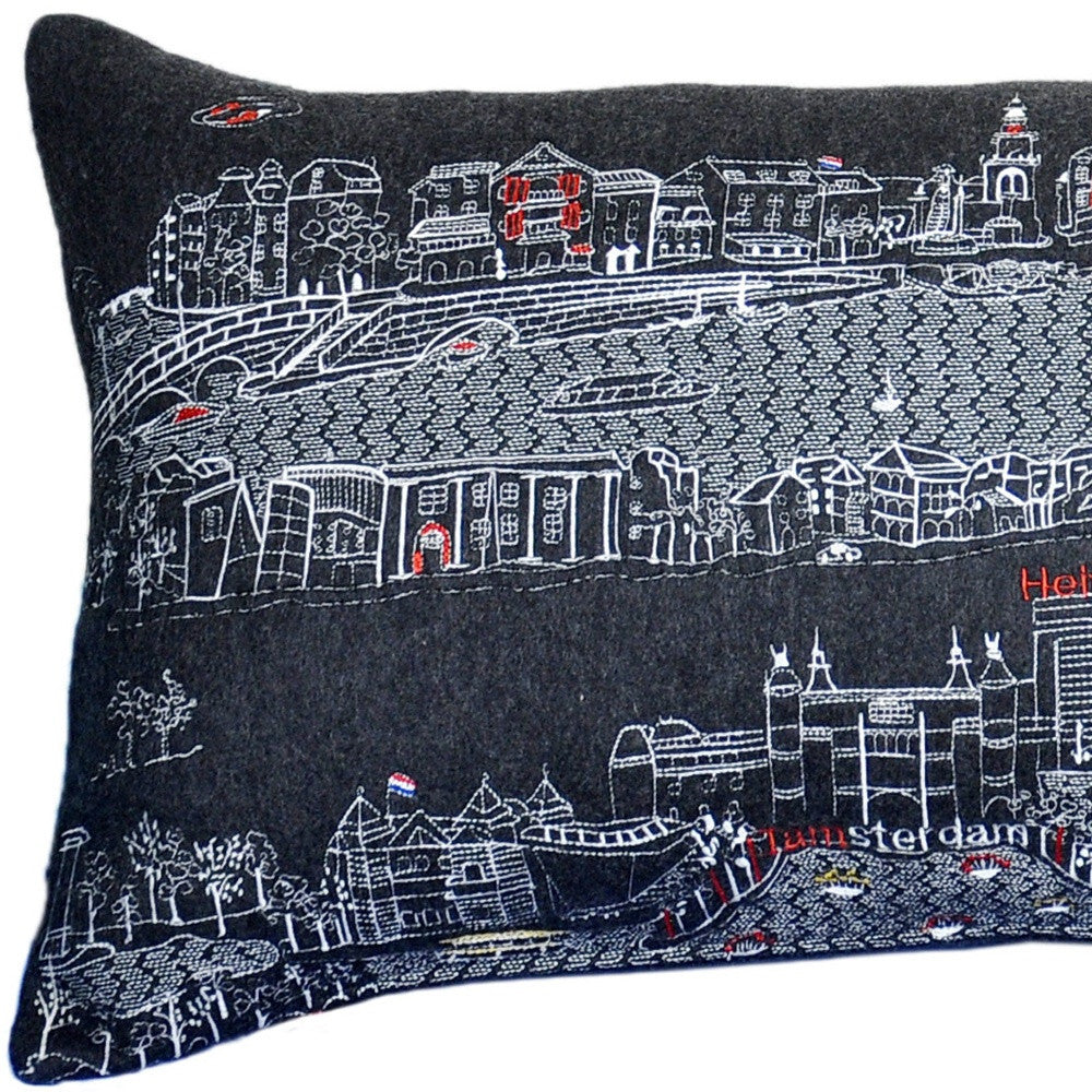 14" X 35" Black Gray and White Hometown Pride Wool Lumbar Throw Pillow