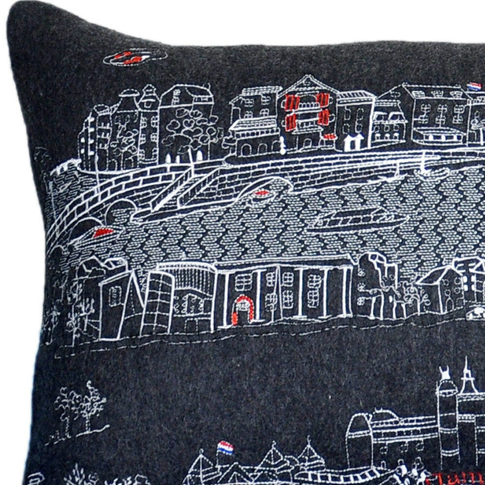 14" X 35" Black Gray and White Hometown Pride Wool Lumbar Throw Pillow