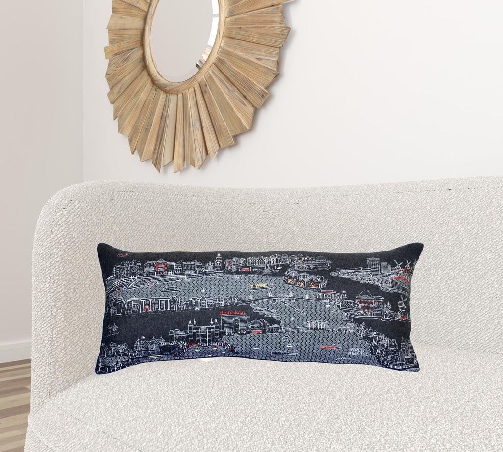 14" X 35" Black Gray and White Hometown Pride Wool Lumbar Throw Pillow