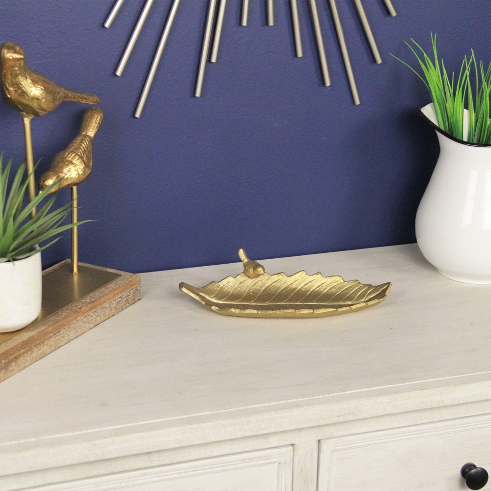 10" Gold Cast Iron Leaf Vanity Tray
