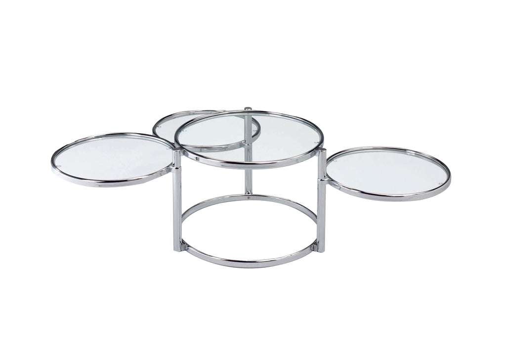60" Clear And Silver Glass And Steel Round Nested Coffee Tables With Three Shelves