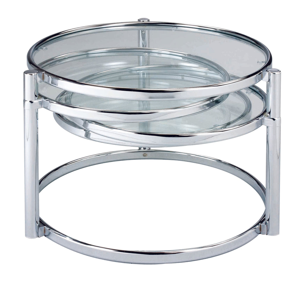 60" Clear And Silver Glass And Steel Round Nested Coffee Tables With Three Shelves