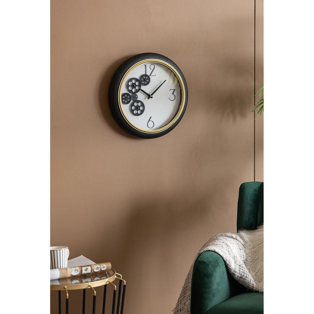 16" Black Gold And White Faux Leather And Iron Analog Exposed Gear Round Wall Clock