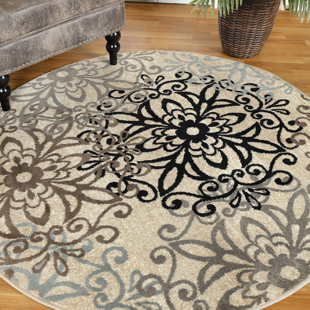 8' Round Tan Gray And Black Round Floral Medallion Stain Resistant Area Rug