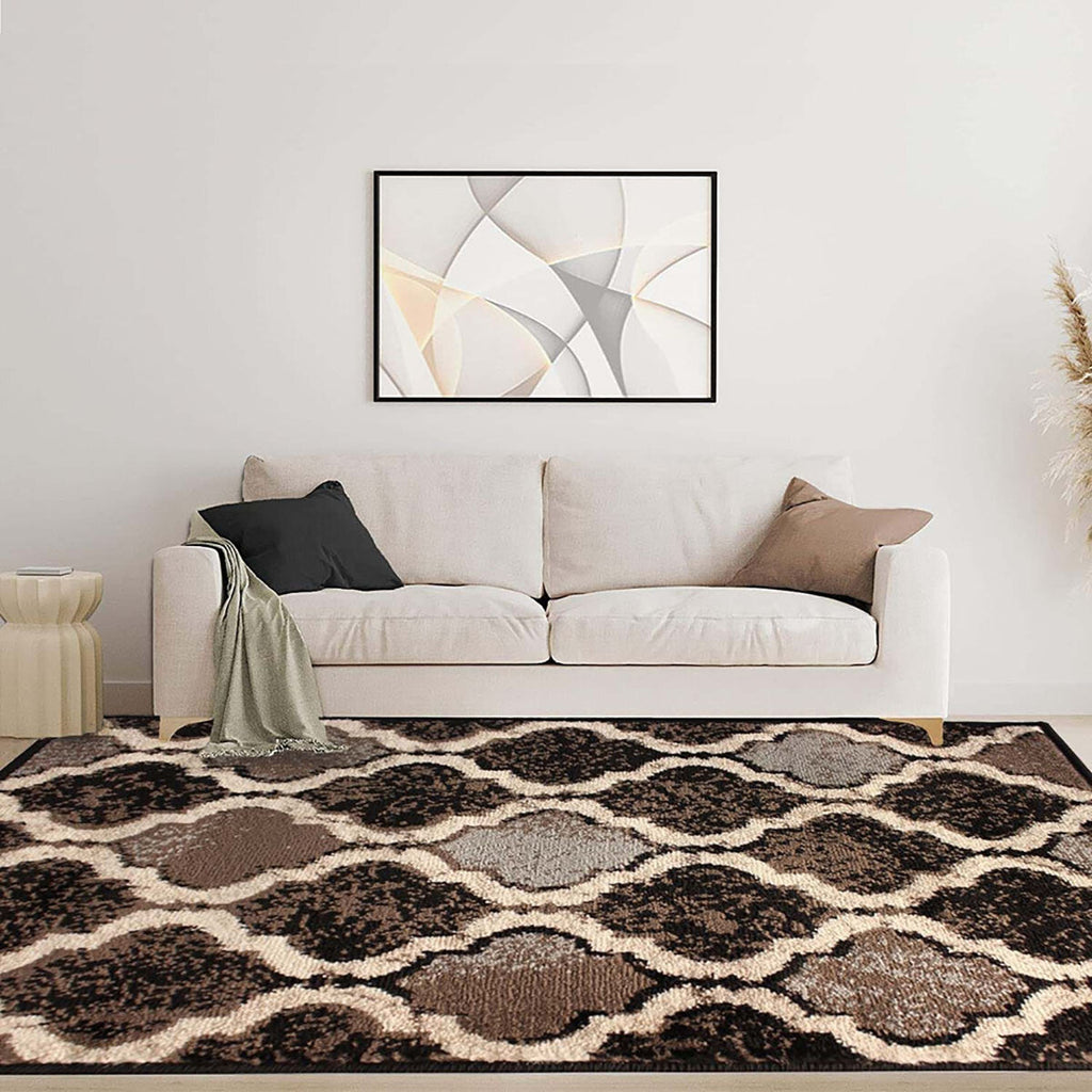 8' X 10' Chocolate Quatrefoil Power Loom Distressed Stain Resistant Area Rug