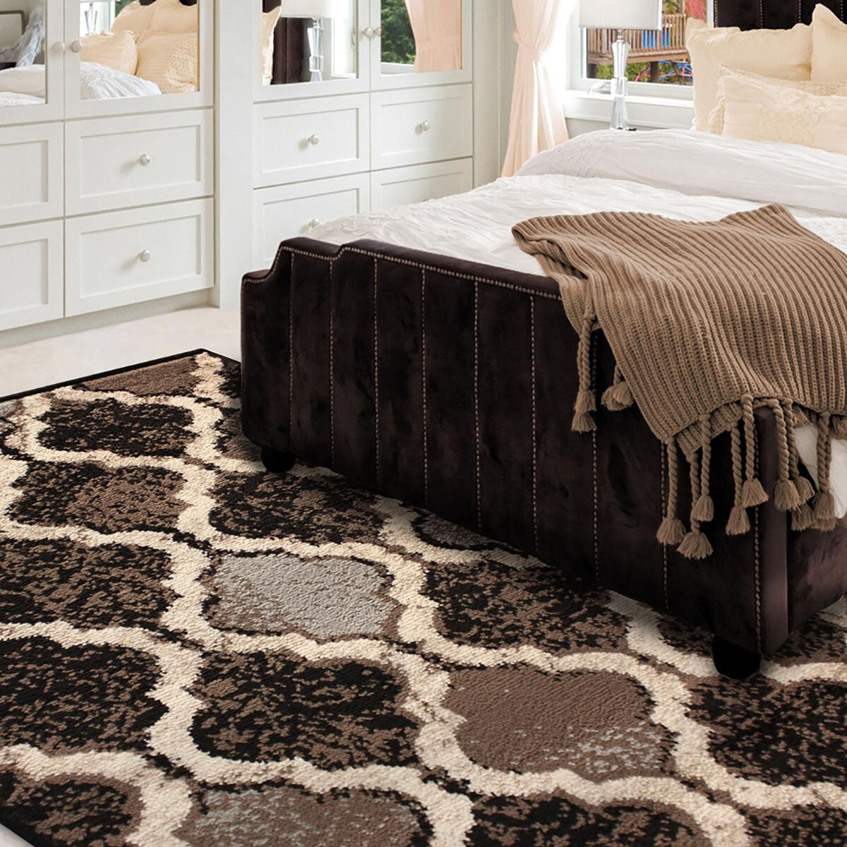 8' X 10' Chocolate Quatrefoil Power Loom Distressed Stain Resistant Area Rug
