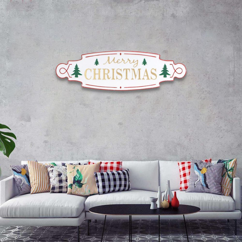 11" X 36" White Green and Red Merry Christmas Metal Wall Decor