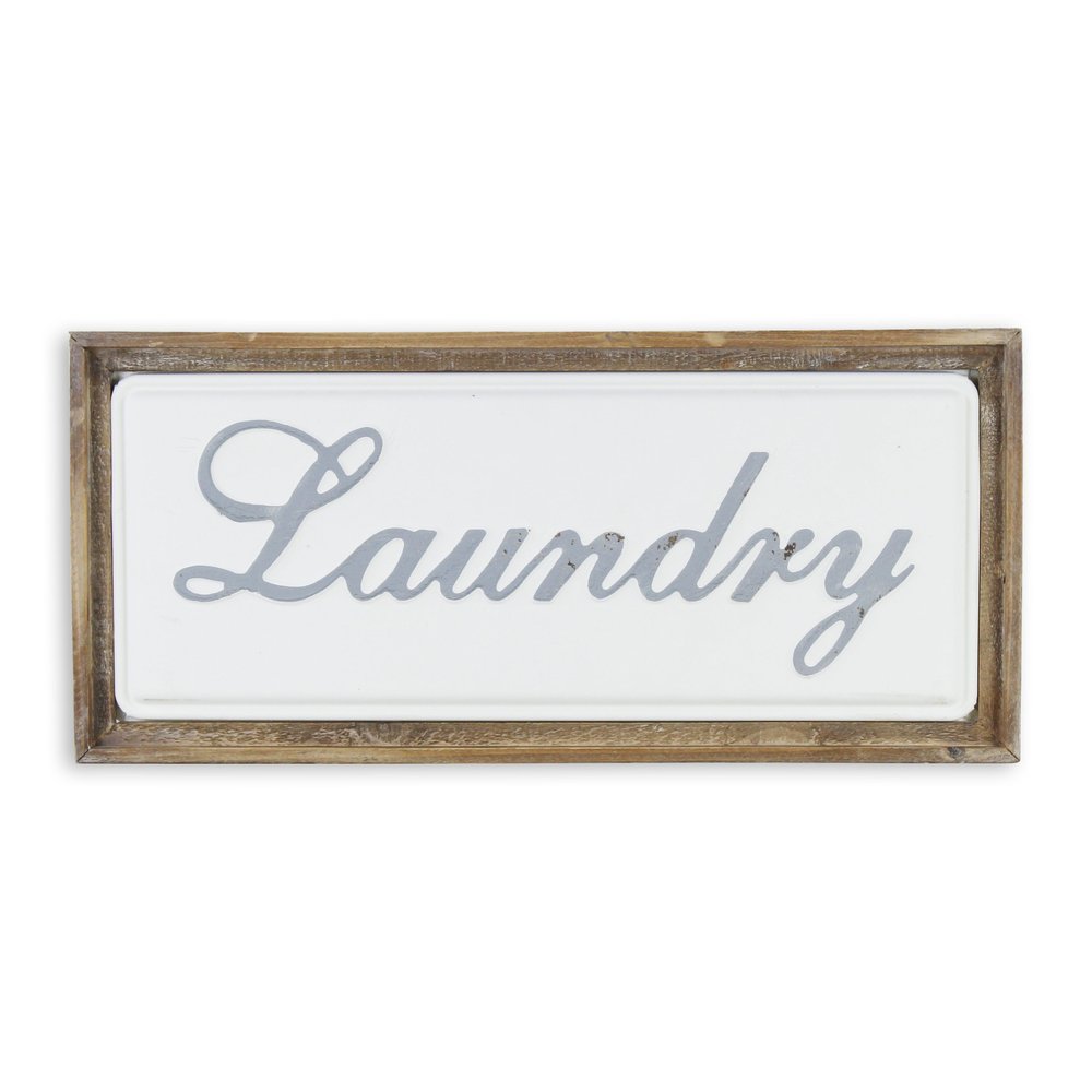 11" X 24" Brown and White Laundry Wood and Metal Wall Decor