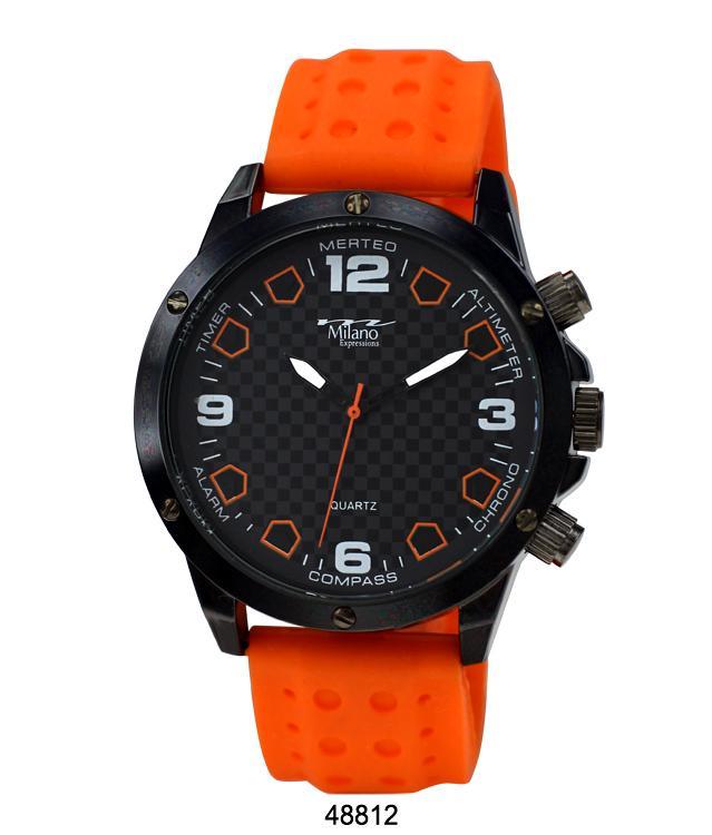 48MM Sports Watch Silicone Band Black Dial Orange Accents